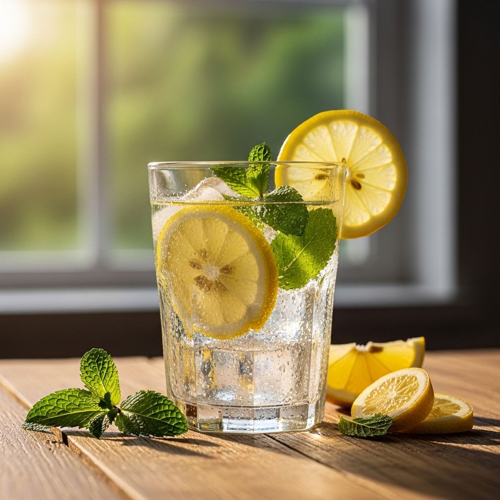 Kozarec sveže vode s kosi limone in mete na leseni mizi ob oknu, osvetljeno z naravno jutranjo svetlobo – simbolizira hidracijo in zdravo jutranjo rutino