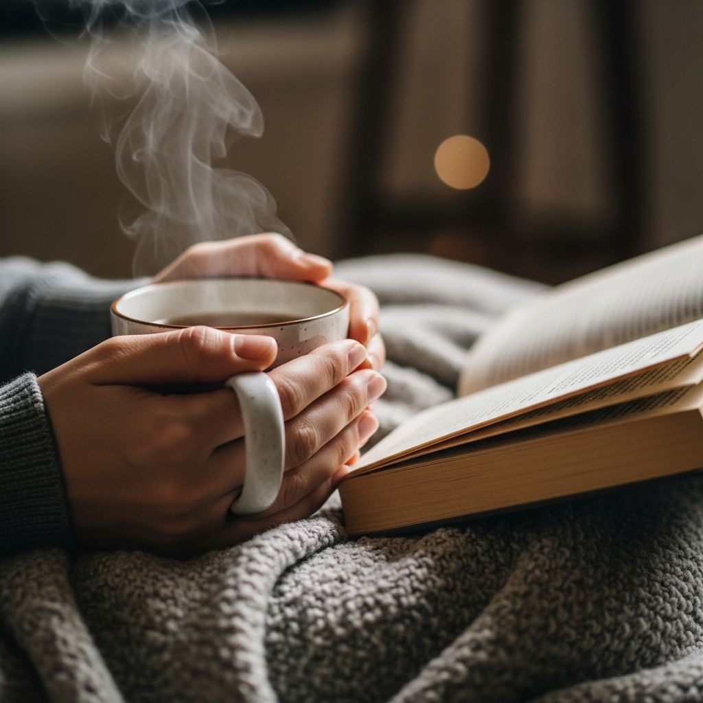 Roke osebe, ki drži toplo skodelico zeliščnega čaja ob knjigi, pokrite z mehko odejo v zimskem notranjen ambijentu – simbol sproščenega počitka in umirjenosti