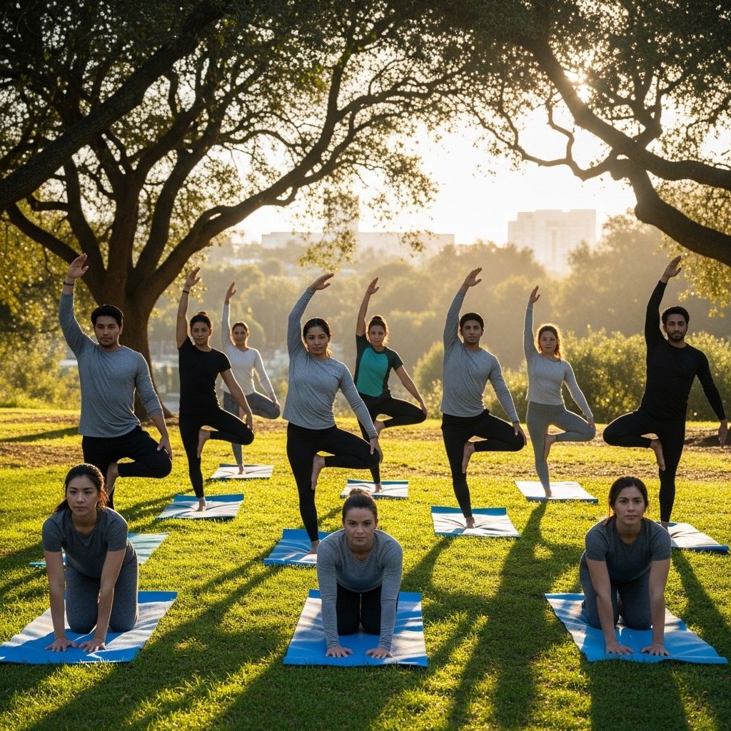 Skupina odraslih, ki izvaja jogo v skupini na prostem v parku na jutranjih urah, vsak na svoji modri jogi blazini na zeleni travi