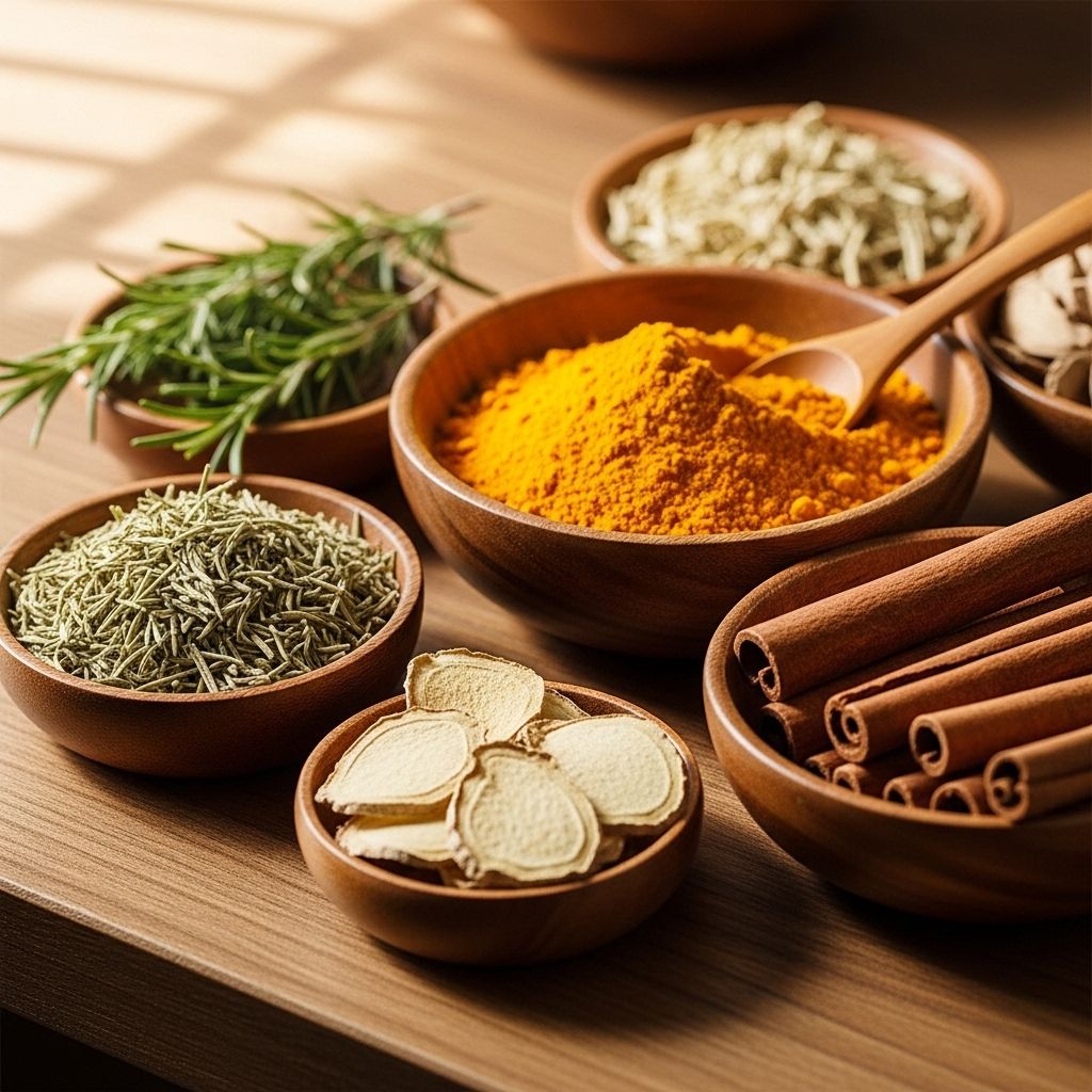 Razporeditev suhih zelišč, kurkume v prahu, ingverja in cimeta v lesenih ploščatih skledah na naravnem lesenem pultu v topli dnevni svetlobi